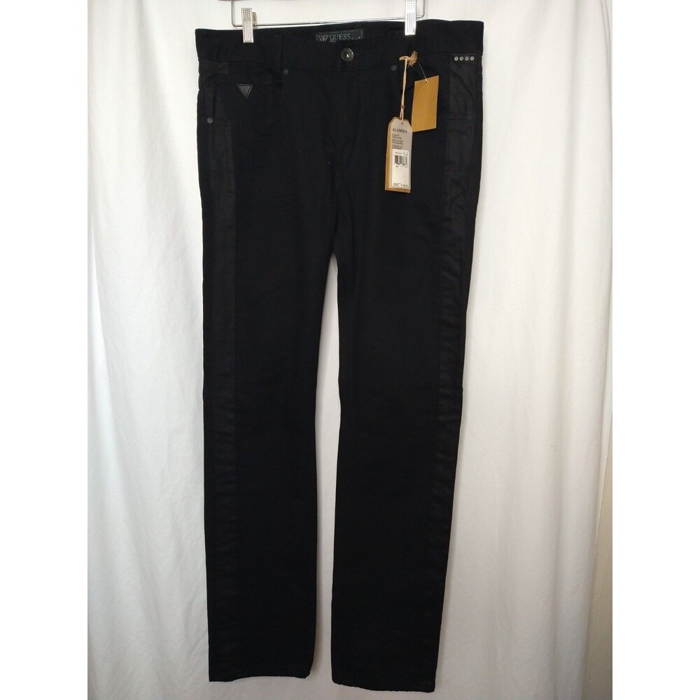 NWT GUESS Men’s 34 Black with black leg stripes Alameda Slim Jeans Tapered retro